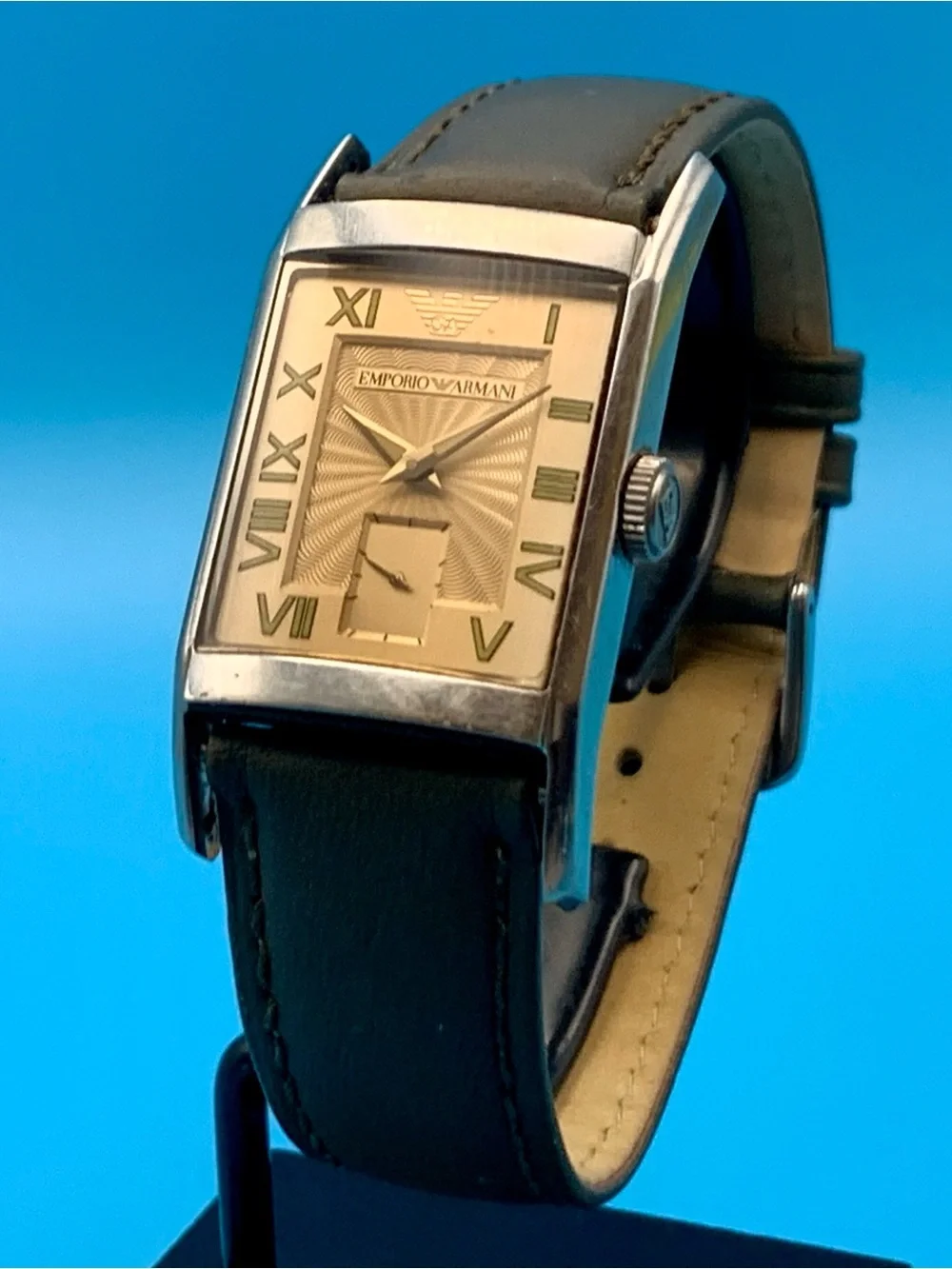 EMPORIO ARMANI AR-0251 Men’s Tank Style Wristwatch St Steel Case Leather Working